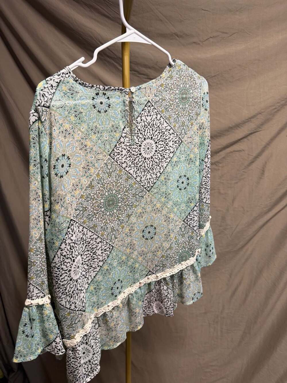 Melissa Paige Patchwork Tile Print Blouse with Lace Trim and Bell Sleeves
